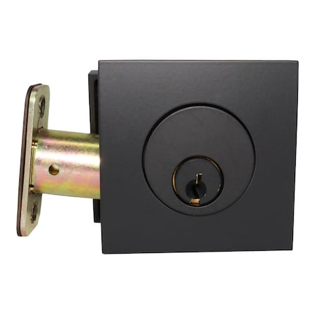 Emtek Square Single Cylinder Deadbolt for 1-3/8 in to 2-1/8 in Door w/Radius Latch Strike Flat Black 8469US19.RLS